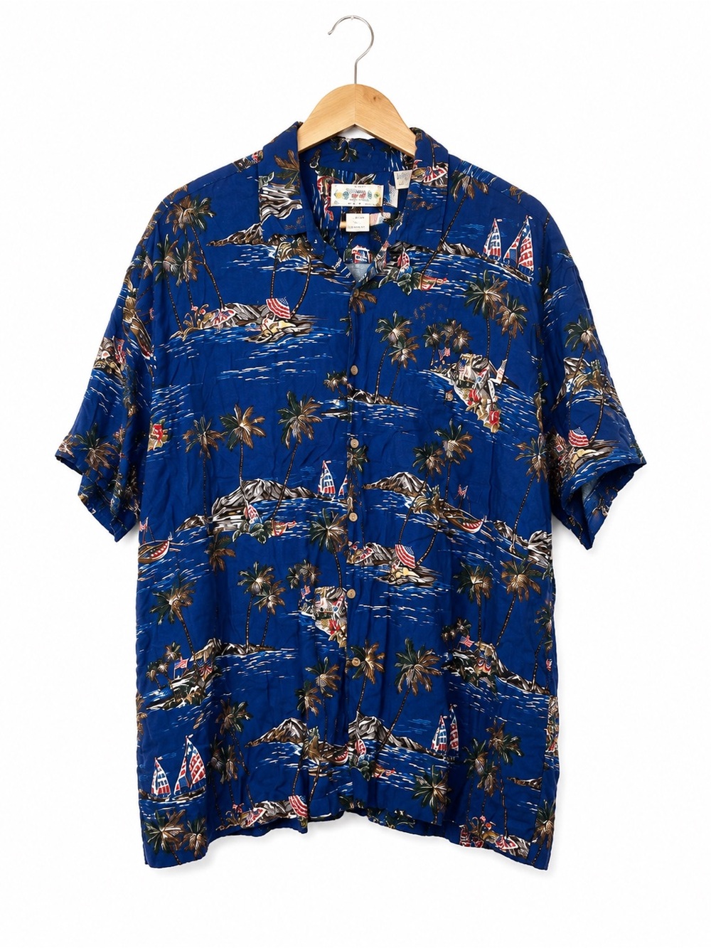 Campia Moda Hawaiian Shirt Men’s Blue Patriotic Island Palm Trees Sailboats XXL